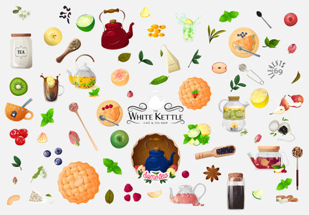 Set of the Hand-drawn vector images of natural fruit and herbal teas, fruits and berries, cups and teapots with tea. Icons for website design on a white background, prints for printing and stickersのイラスト素材