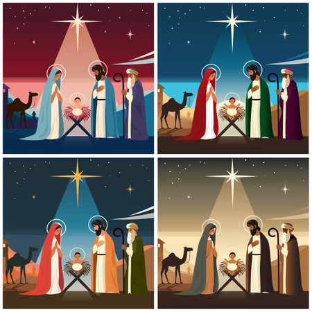 Nativity scene including the Virgin Mary, Joseph, the Magi and Jesusのイラスト素材