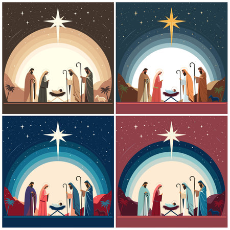 Nativity scene including the Virgin Mary, Joseph, the Magi and Jesusのイラスト素材
