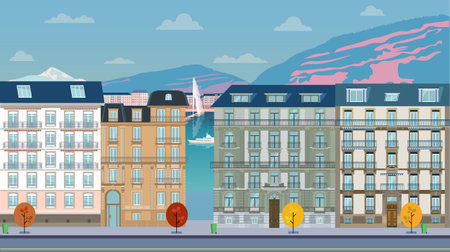A scenic Geneva waterfront with Lake Geneva, the iconic Jet d'Eau fountain, and traditional Swiss architectureのイラスト素材