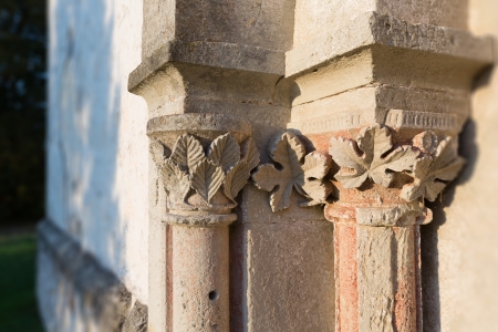 Capitals of the west portal columns on Karja church  Estoniaの写真素材