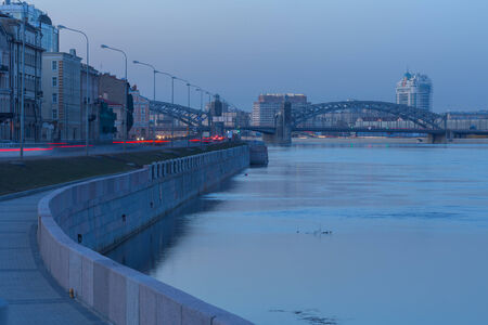 View of the embankment of the Neva River and of Peter the Great Bridge. Saint-Petersburg. Russiaのeditorial素材