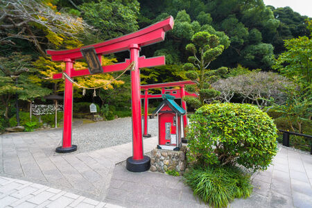Traditional torii gate in the Japanese city park Beppuのeditorial素材