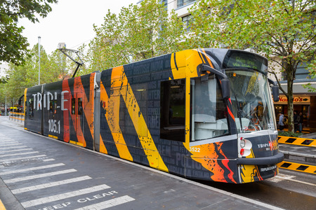 MELBOURNE AUSTRALIA - APRIL 6, 2016: Melbourne modern tram. Modern tram runs in Melbourne city...