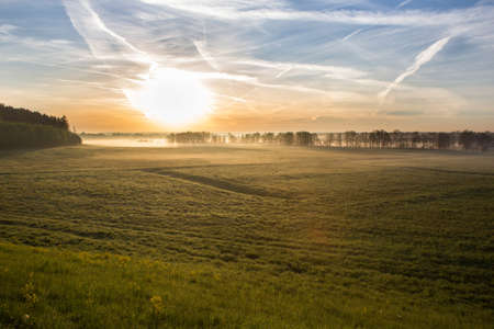 Glorious sunrise over grassy. Many condensation trail on sky. The sun rises over a green field in...