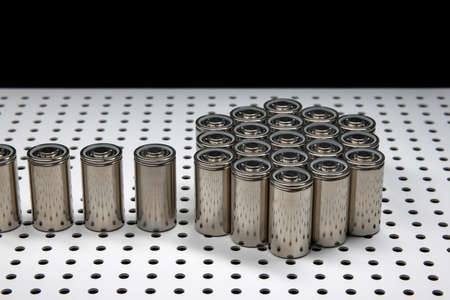 New modern high-capacity lithium-ion batteries. A prototype of new batteries on a laboratory table.の写真素材