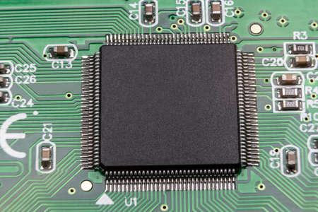 Details of electronic board. Close-up of electronic circuit board with SMD components and chipの写真素材