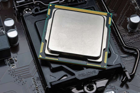 The processor lies on the motherboard before being installed in the slot.