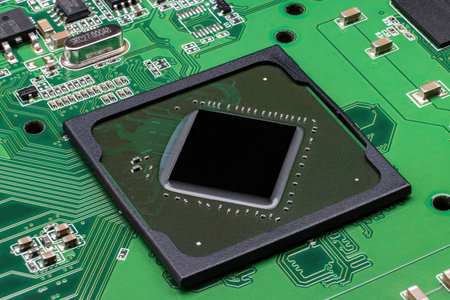 Details of the electronic board of the video card. Close-up of a powerful GPU on a graphics card boardの写真素材