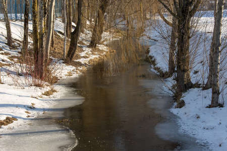 A small river covered with ice with gullies in a snowy sunny parkの写真素材