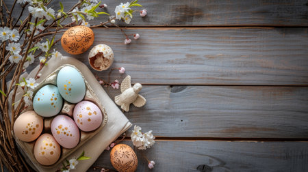 Easter eggs and spring flowers on rustic wooden background, copy spaceの素材
