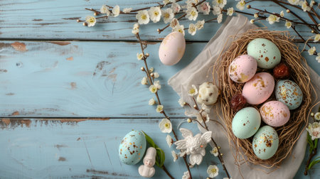 Easter eggs in nest with spring flowers on rustic wooden backgroundの素材