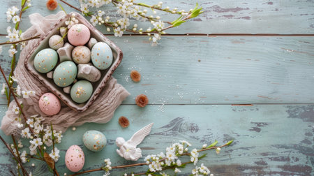 Colorful easter eggs and spring flowers on rustic wooden backgroundの素材