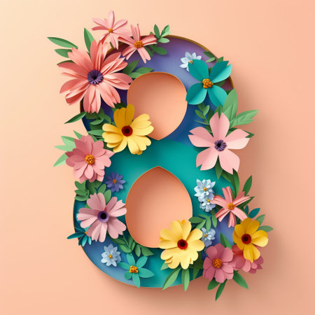 Number eight in flowers on a peach background in cut paper style. Illustration for International Women's Day. Postcard for March 8の素材