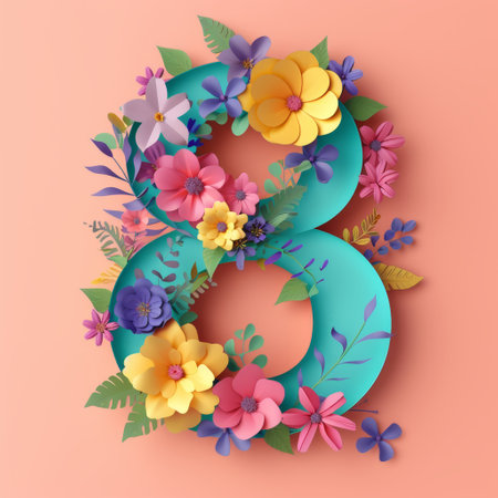 Number eight in flowers on a peach background in cut paper style. Illustration for International Women's Day. Postcard for March 8の素材