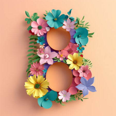 Number eight in flowers on a peach background in cut paper style. Illustration for International Women's Day. Postcard for March 8の素材