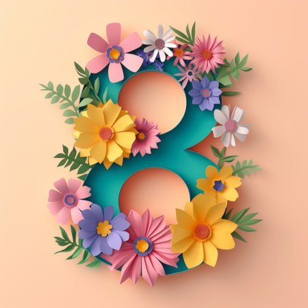 Number eight in flowers on a peach background in cut paper style. Illustration for International Women's Day. Postcard for March 8の素材