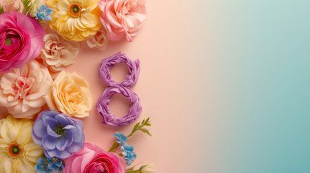 Flowers composition. Colorful flowers on pastel background. Flat lay, top view, copy spaceの素材