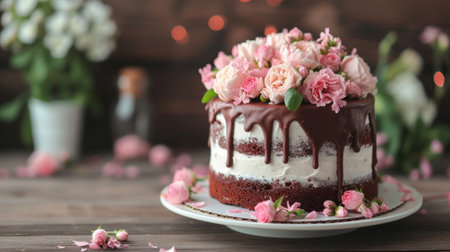 Delicious chocolate cake with flowers on wooden table, closeup viewの素材
