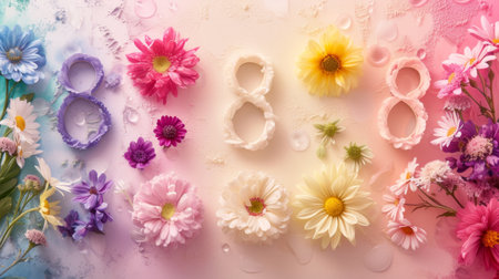 8 March International Women's Day background with beautiful flowers. Flat lay.の素材