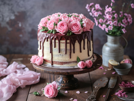 Delicious cake with pink roses on a dark background. Toned.の素材