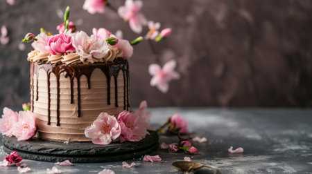 Chocolate cake with pink cherry blossom flowers on a dark backgroundの素材