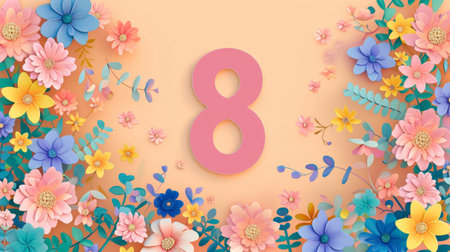 8 march Happy Women's Day. Paper cut flowers and leaves background. Vector illustrationの素材