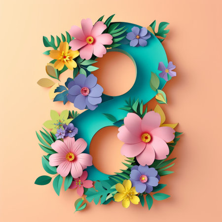 Number eight in flowers on a peach background in cut paper style. Illustration for International Women's Day. Postcard for March 8の素材