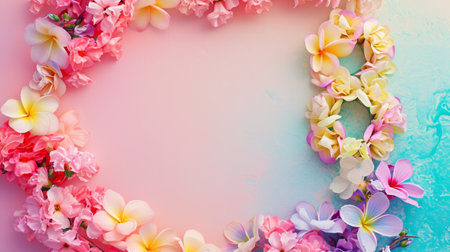 Frame of pink and purple frangipani flowers on pastel backgroundの素材