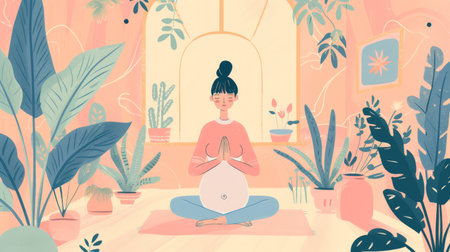 Pregnant woman meditating at home. illustration in flat styleの素材
