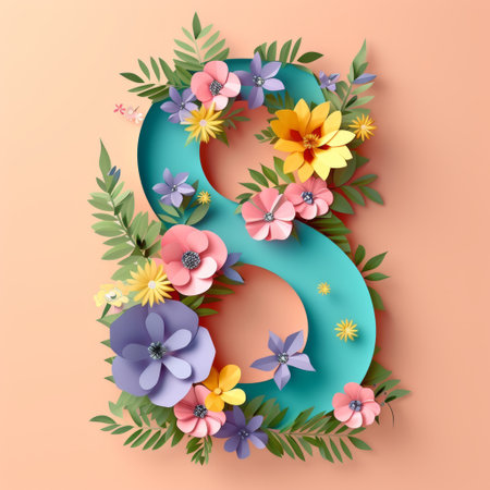 Number eight in flowers on a peach background in cut paper style. Illustration for International Women's Day. Postcard for March 8の素材