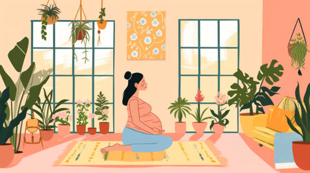 Pregnant woman doing yoga at home. illustration in flat styleの素材