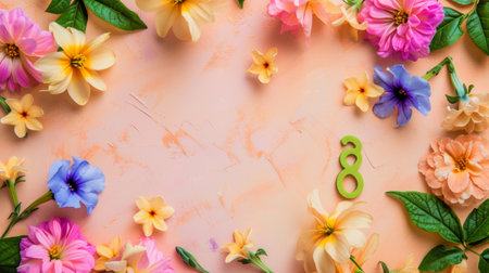 Flowers composition. Frame made of flowers on pastel background. Flat lay, top view, copy spaceの素材