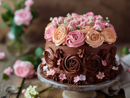Chocolate cake decorated with roses and hydrangea flowers, selective focusの素材