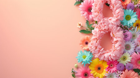 Flowers on pink background. Flat lay,Number eight in flowers on a peach background in cut paper style. Illustration for International Women's Day. Postcard for March 8の素材