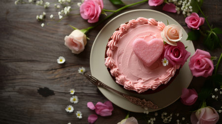 Valentine's day cake with pink cream and flowers on wooden backgroundの素材