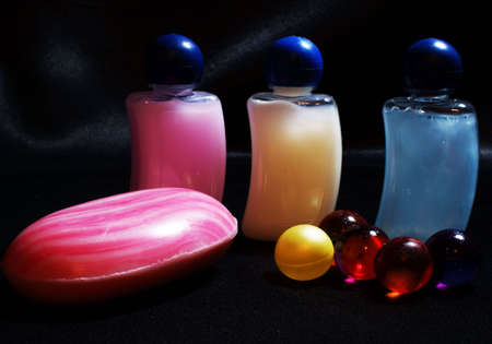 Accessoires for shower on the black backgroundの写真素材