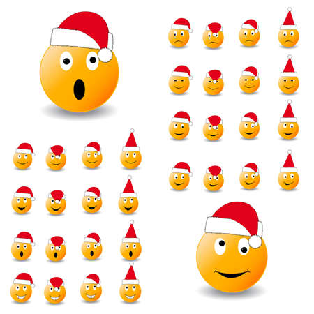 Large collection of smiles with different kinds of emotions. Emoticons in funny New Yer's hubcaps. (1 part, red)のイラスト素材