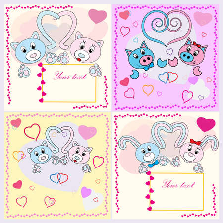 Collection of falling in love animals over cute background with heartsのイラスト素材