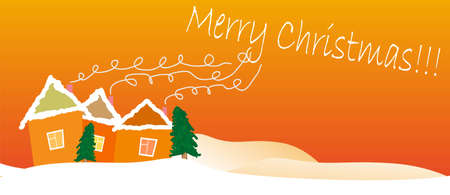 Merry frame with small cute house with chimney over winter landscapeのイラスト素材