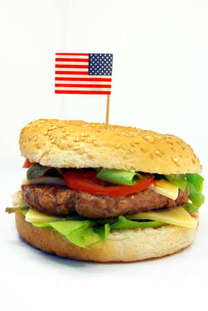 Image of a typical hamburger with American flagの写真素材
