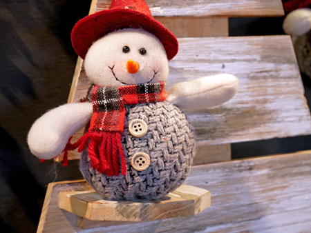 Christmas plush snowman. Happy New Year greeting card template.の写真素材