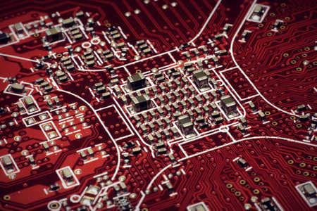 The CPU underview on a red circuit board red colour.