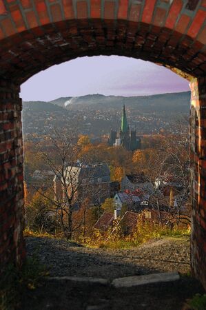 Nidaros church in Trondheim seen through a gateway.の写真素材