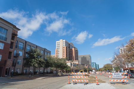 Road closed sign in Downtown Irving, Texas, USAの写真素材