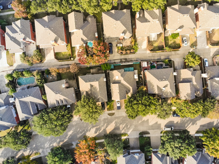Panoramic top view urban sprawl suburbs Dallas during autumn seasonの写真素材