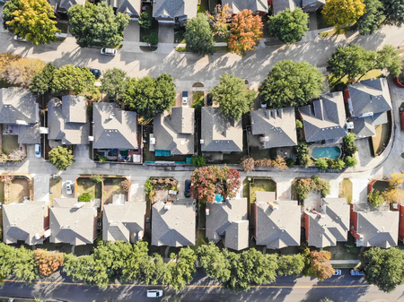 Panoramic top view urban sprawl suburbs Dallas during autumn seasonの写真素材