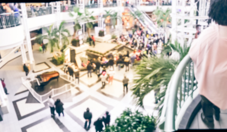 Panorama view blurred abstract public music show at shopping mall in Texas, America. Crowed audience...