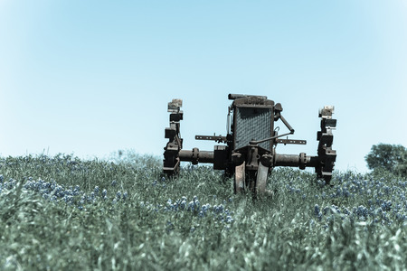 Vintage tone old tractor and Bluebonnet blossom at rural farm in Bristol, Texas, USA. Wildflower blooming in meadow with rustic wagon, countryside landscapeの写真素材