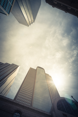 Low perspective angle view of Dallas skylines with cloud blue skyの写真素材
